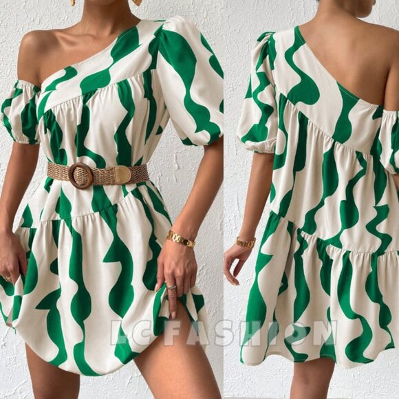 LC FASHION Dresses & Skirts - Boho Smock Dress, Asymmetrical Neck Puff Sleeve Ruffle Hem Mini dress